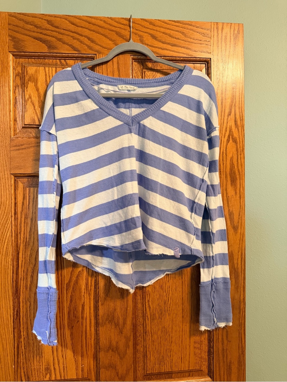 We The Free Blue and White Striped V‑Neck Long Sleeve Top